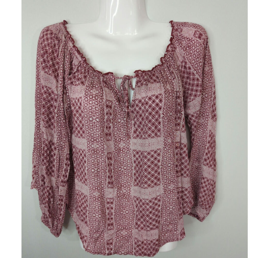Abercrombie & Fitch Red & White Patchwork Tie Neck Peasant Top Size S